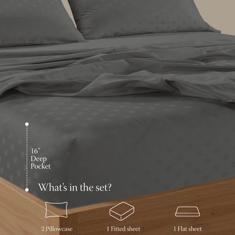 Threadmill Cotton Queen Sheet Set | 100% Cotton Sheets for Queen Size Bed | Damask Jacquard Queen Bed Sheets Set with 16â€ Deep Pocket | Soft Sateen Weave 4-Piece Cooling Bedding Set | Dark Grey - Image 3